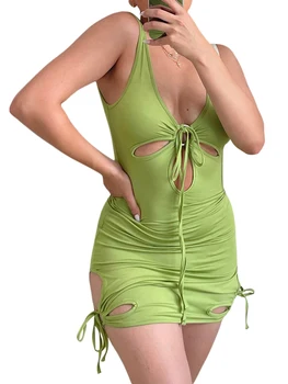 Ženske s Y2k Talasati Trim Mini Obleka Seksi Low Cut Slim Fit Izrezanka Glej S Kratko Obleko Poletje Plaža Obleko Bodycon