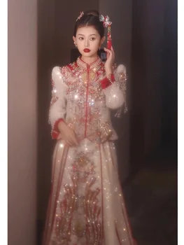 Kitajski Tradicionalni Sparkly Sequins Poročno Obleko Šampanjec Zlato Vezenje Klasičnih Cheongsam Beading Rese Qipao