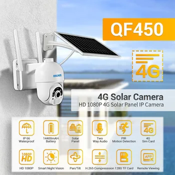ESCAM QF450 1080P Cloud Storage 4G kartice Sim, Baterije Alarm PIR IP dome Kamera Z solarnimi Barvno Night Vision Dve Poti