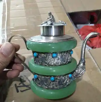 Kitajski lepe Tibera srebro vdelan jade turkizno zmaj čajnik