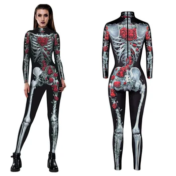 2023 Cosplay Kostum Seksi Jumpsuit Ženska Noša Halloween Bodysuit 3D Lobanje Okostje Natisnjeni Žensk Jumpsuit Pustni Party
