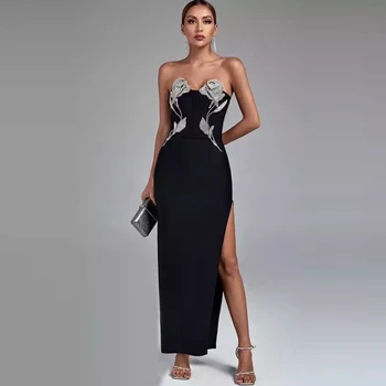 2023 Seksi Rose Vezene Povoj Dolgo Črno Obleko Bodyocn Vestidos De Fiesta Oblačilih Longues Poročni Večer Stranka Prom Obleke
