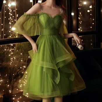 Ženske Vzletno-Pristajalne Steze Ruffle Novo Sladko Elegantno Zeleno Obleko Midcalf Lady Princesa Banket Razkošno Plemenito Žogo Obleko Obleke 2021 Nova Moda