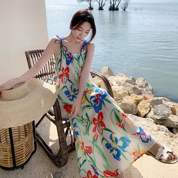Poletje Korejski Moda 2023 Novo Vintage Elegantno Natisnjeni Ženska Priložnostne Dolgo Trak Srčkan Obleko Nositi Sundress Ohlapno Fit Veliko Obleke