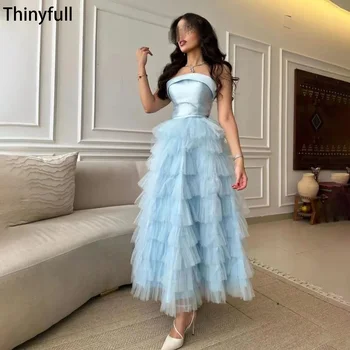 Thinyfull Baby Blue Savdska Arabija Prom Stranka Obleke Brez Naramnic Til Stopenjski Večerne Obleke Za Posebne Priložnosti Ples Obleke