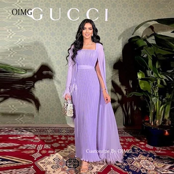 OIMG Elegantno Sivke Naguban Šifon Večerne Obleke Kvadratnih Dolgo Cape Rokavi Perje Dubaj arabski Ženske Priložnosti Formalnih Obleke