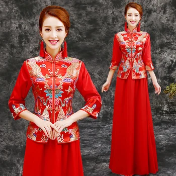 1set/veliko Kitajski slog ženska rdeče cheongsam šifon saten qipao nastavite damasta pol rokav vezenje cheongsam