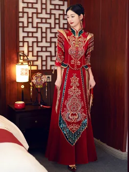 2023 Kitajske Tradicionalne Sequins Beading Rese Poročno Obleko Banket Stranka Obleke Cheongsam