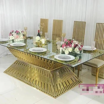 Pohištvo na prostem Zlato iz Nerjavečega Jekla Rectanagle Stekla poroko Kristalno jedilno Mizo Za Mariage