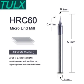 TULX 1PC HRC60 Mikro Kvadratnih Koncu Mlin 2 predvsem piščali za 0,2-0,9 mm TiAIN Mikro Ravno 4 mm Kolenom Rezkanje Rezalnik Mirco Karbida Graviranje Bitov